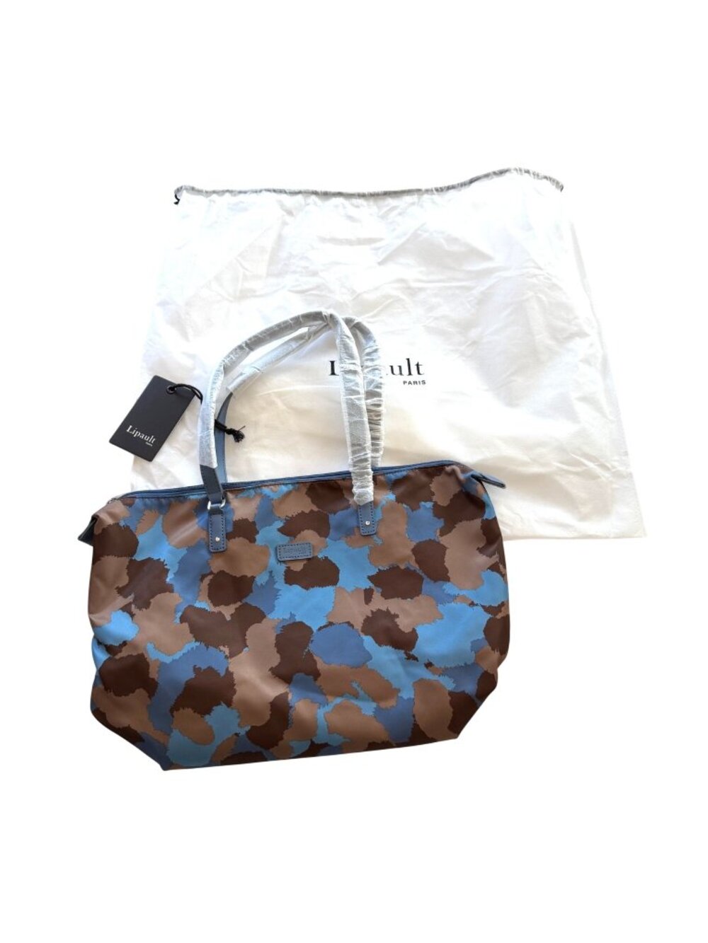 Lipault Frozen Land Medium Tote Bag Camouflage Blue Brown Zipper Nylon Durable